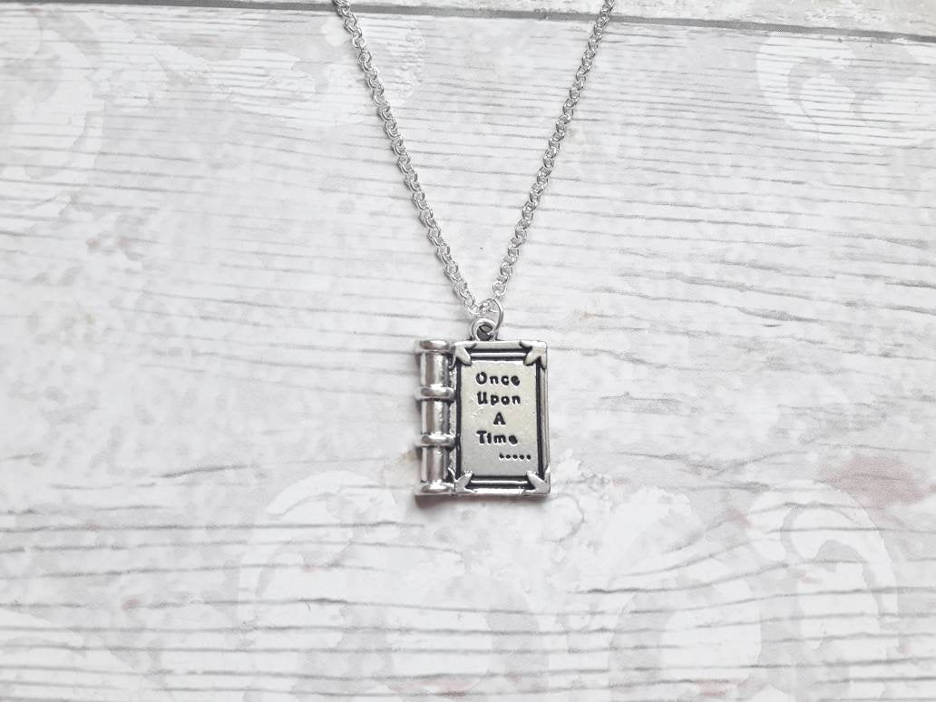 book necklace, once upon a time necklace, fairytale jewellery, fantasy jewelry, book lover gift, storybook present, initial necklace