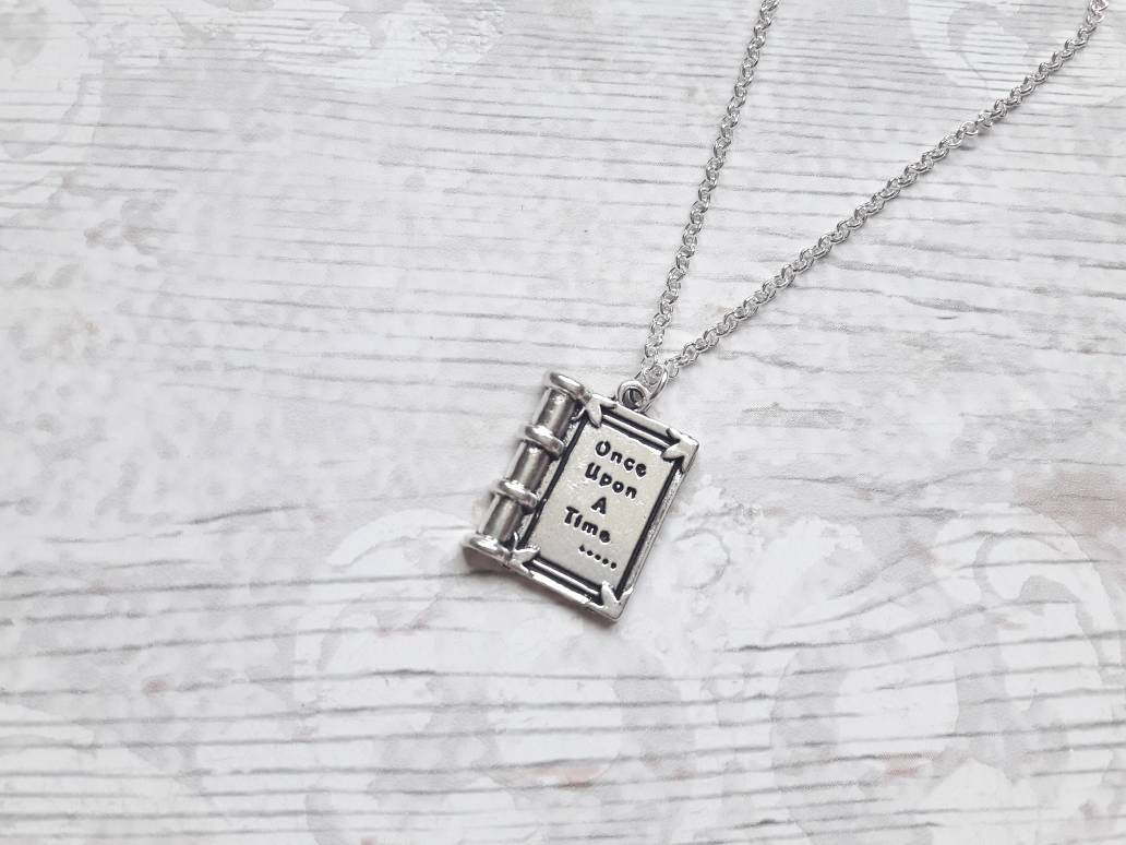 book necklace, once upon a time necklace, fairytale jewellery, fantasy jewelry, book lover gift, storybook present, initial necklace