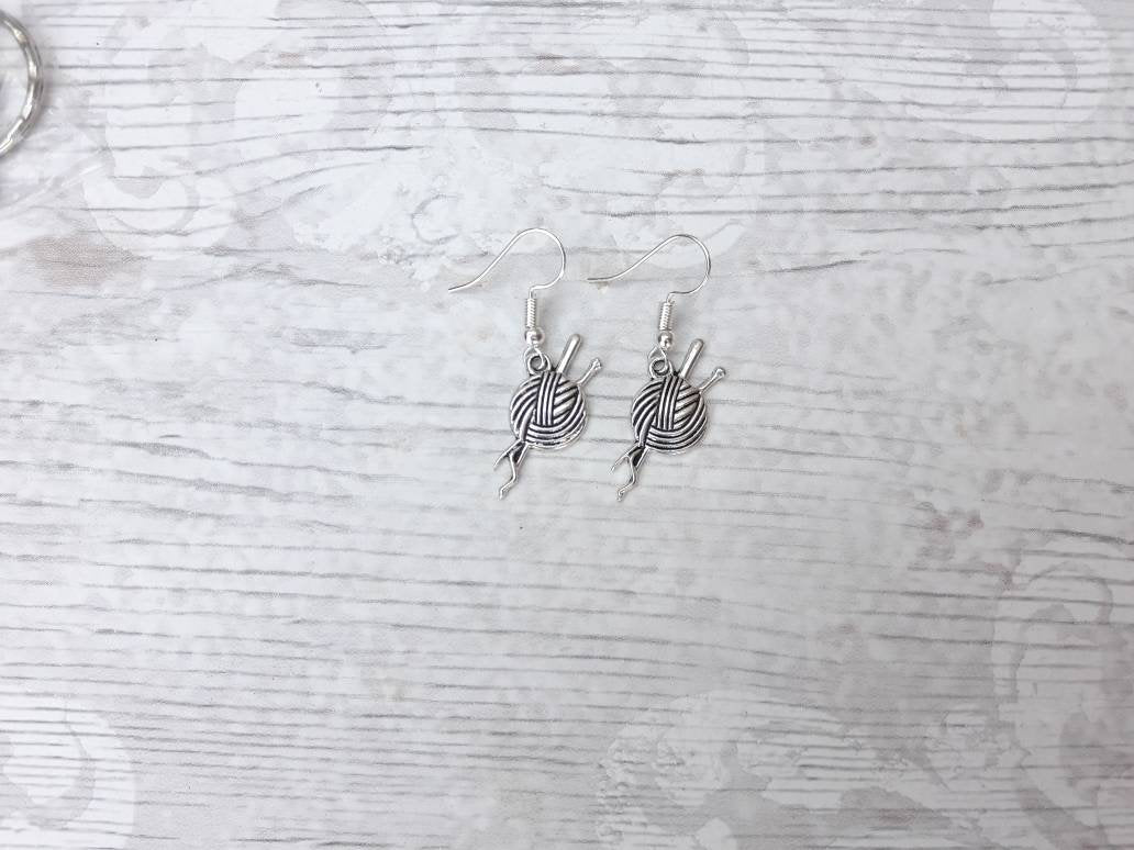 knitting earrings, ball of yarn earrings, sewing jewellery, wool ball jewellery, knitting queen jewelry, knitting present