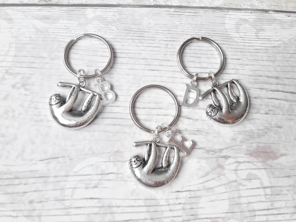 sloth initial keyring, animal keychain, personalised bag charm, sloth lover gift, birthday present, gifts for mum
