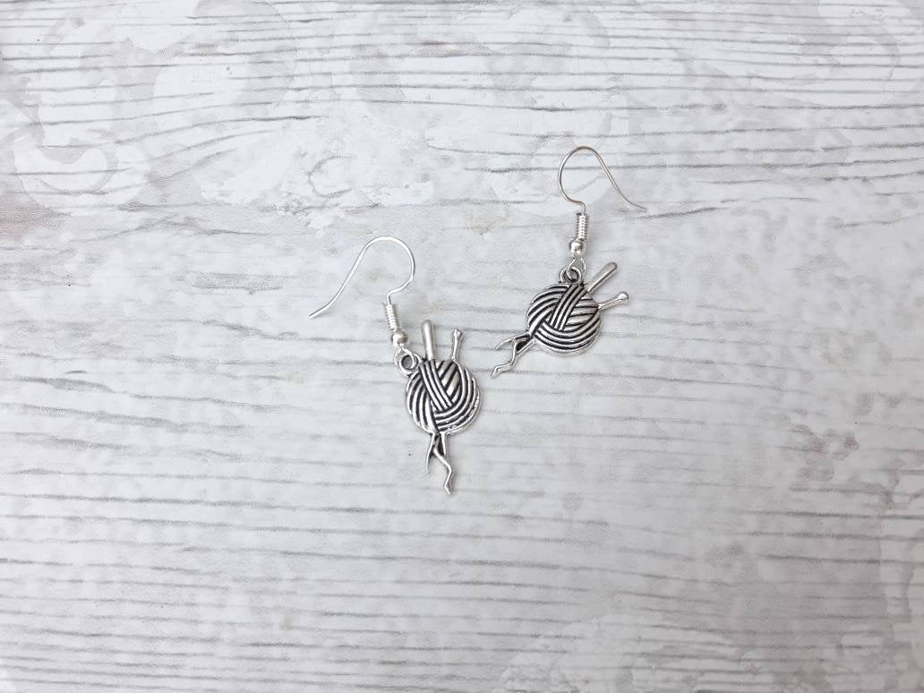 knitting earrings, ball of yarn earrings, sewing jewellery, wool ball jewellery, knitting queen jewelry, knitting present