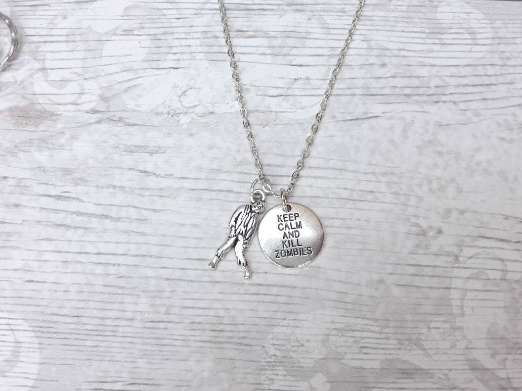 keep calm kill zombies necklace, zombie apocalypse jewellery, steampunk necklace, Halloween jewelry, the walking dead, zombie lover