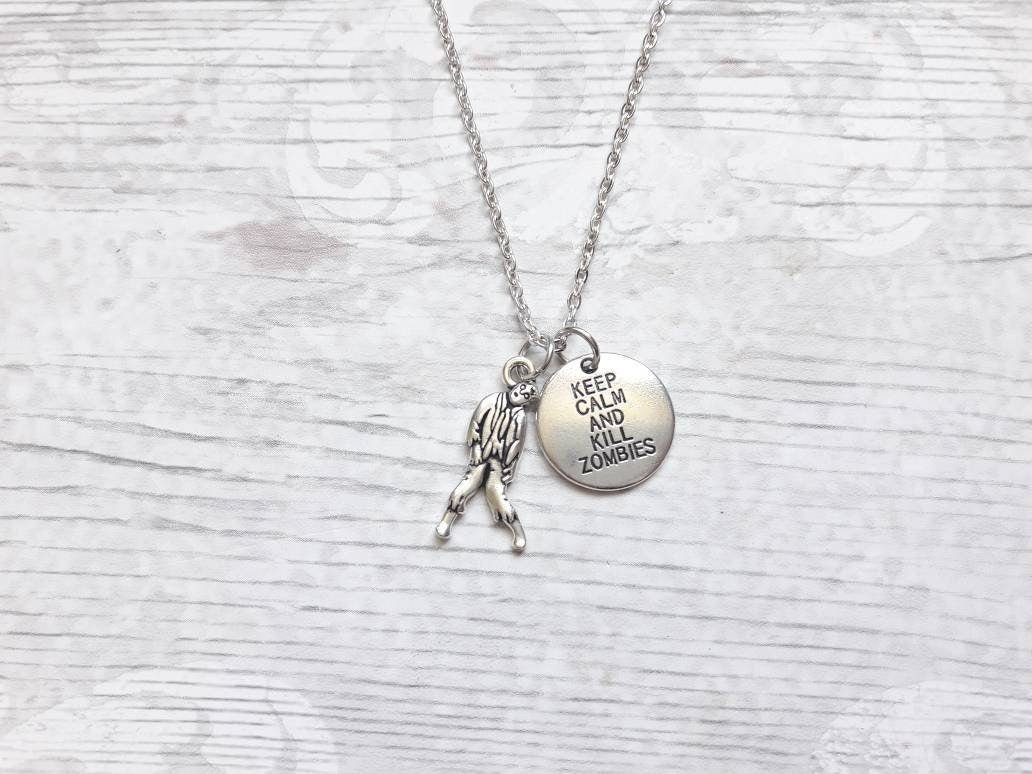 keep calm kill zombies necklace, zombie apocalypse jewellery, steampunk necklace, Halloween jewelry, the walking dead, zombie lover