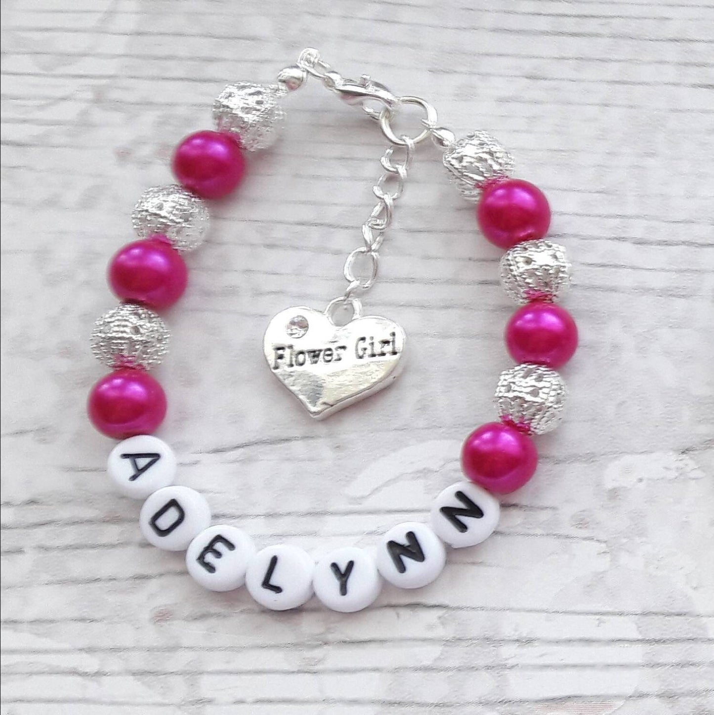 flower girl bracelet, bridesmaid bracelet, name wedding bracelet, personalised jewellery, maid of honour gift, thankyou present