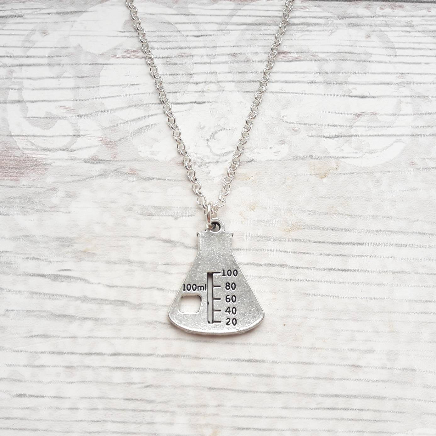 flask necklace, science jewellery, chemistry jewelry, geeky present, graduation gift, beaker necklace, physics necklace, monogram gift