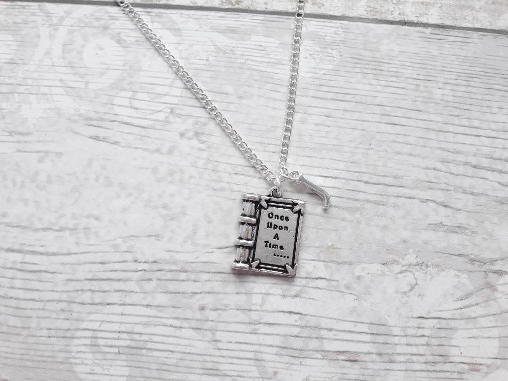 book necklace, once upon a time necklace, fairytale jewellery, fantasy jewelry, book lover gift, storybook present, initial necklace