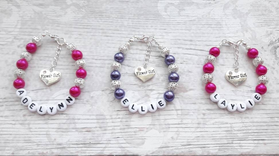 flower girl bracelet, bridesmaid bracelet, name wedding bracelet, personalised jewellery, maid of honour gift, thankyou present