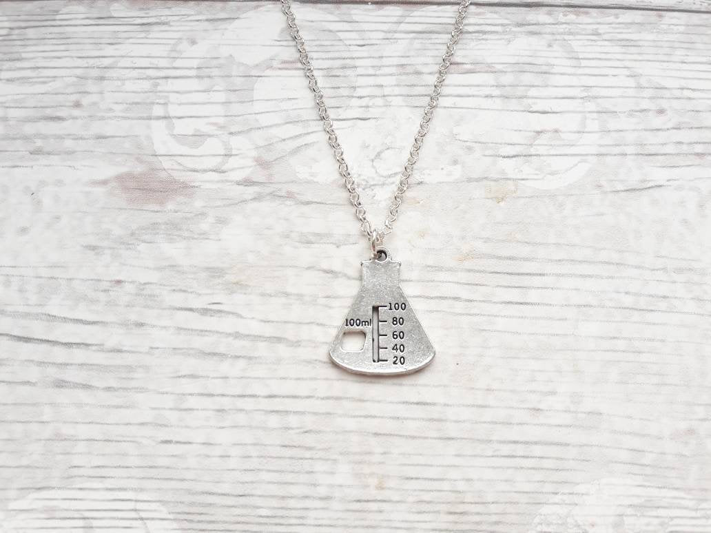 flask necklace, science jewellery, chemistry jewelry, geeky present, graduation gift, beaker necklace, physics necklace, monogram gift