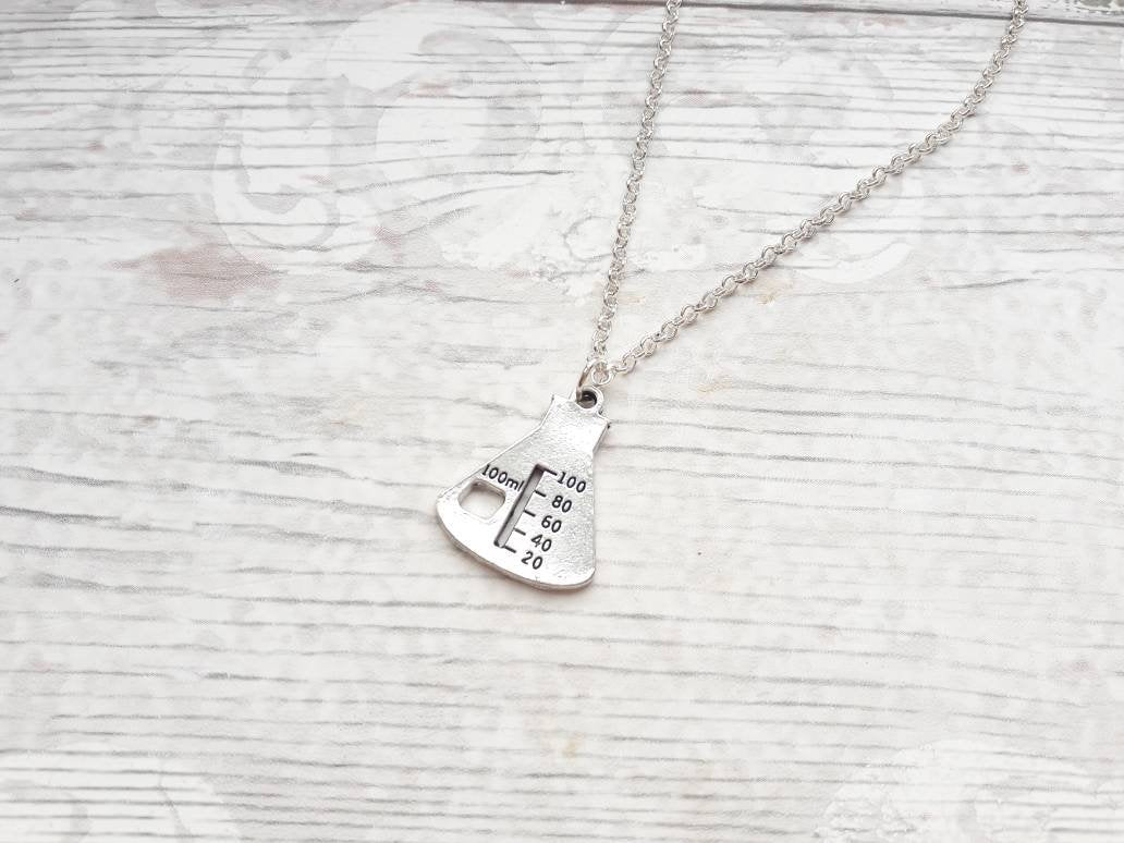 flask necklace, science jewellery, chemistry jewelry, geeky present, graduation gift, beaker necklace, physics necklace, monogram gift