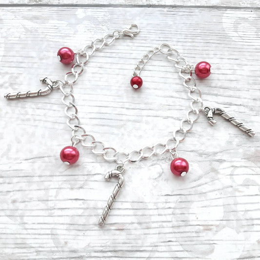 Candy cane bracelet, charm bracelet, christmas jewellery, winter jewelry, stocking filler, Xmas bracelet, gifts for kids