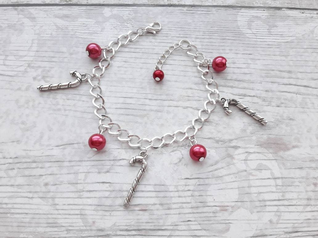 Candy cane bracelet, charm bracelet, christmas jewellery, winter jewelry, stocking filler, Xmas bracelet, gifts for kids