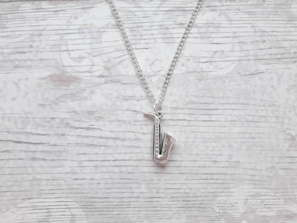 initial saxophone necklace, musical instrument necklace, marching band jewellery, jazz band jewelry, music teacher gift, present for kids