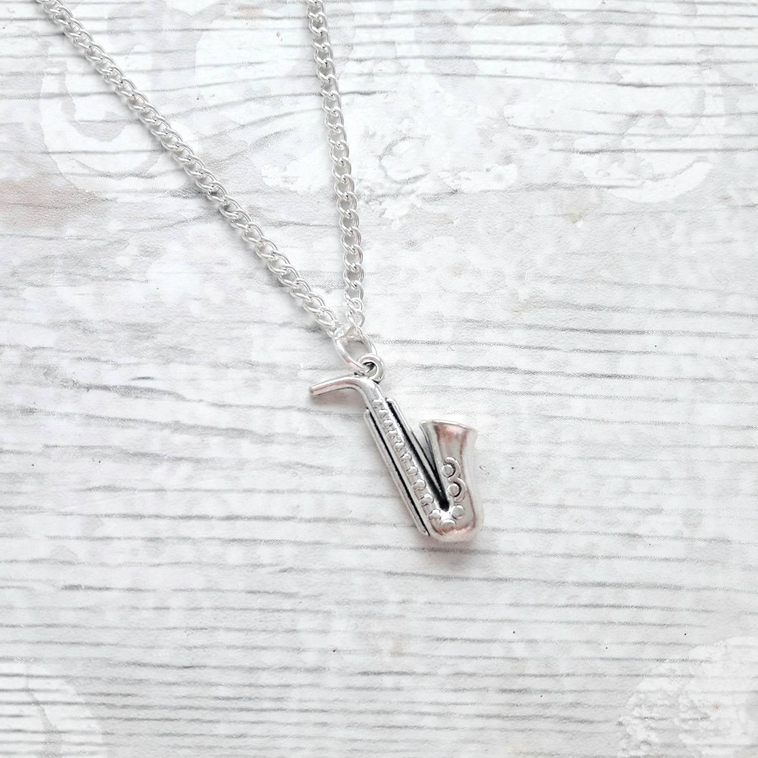initial saxophone necklace, musical instrument necklace, marching band jewellery, jazz band jewelry, music teacher gift, present for kids