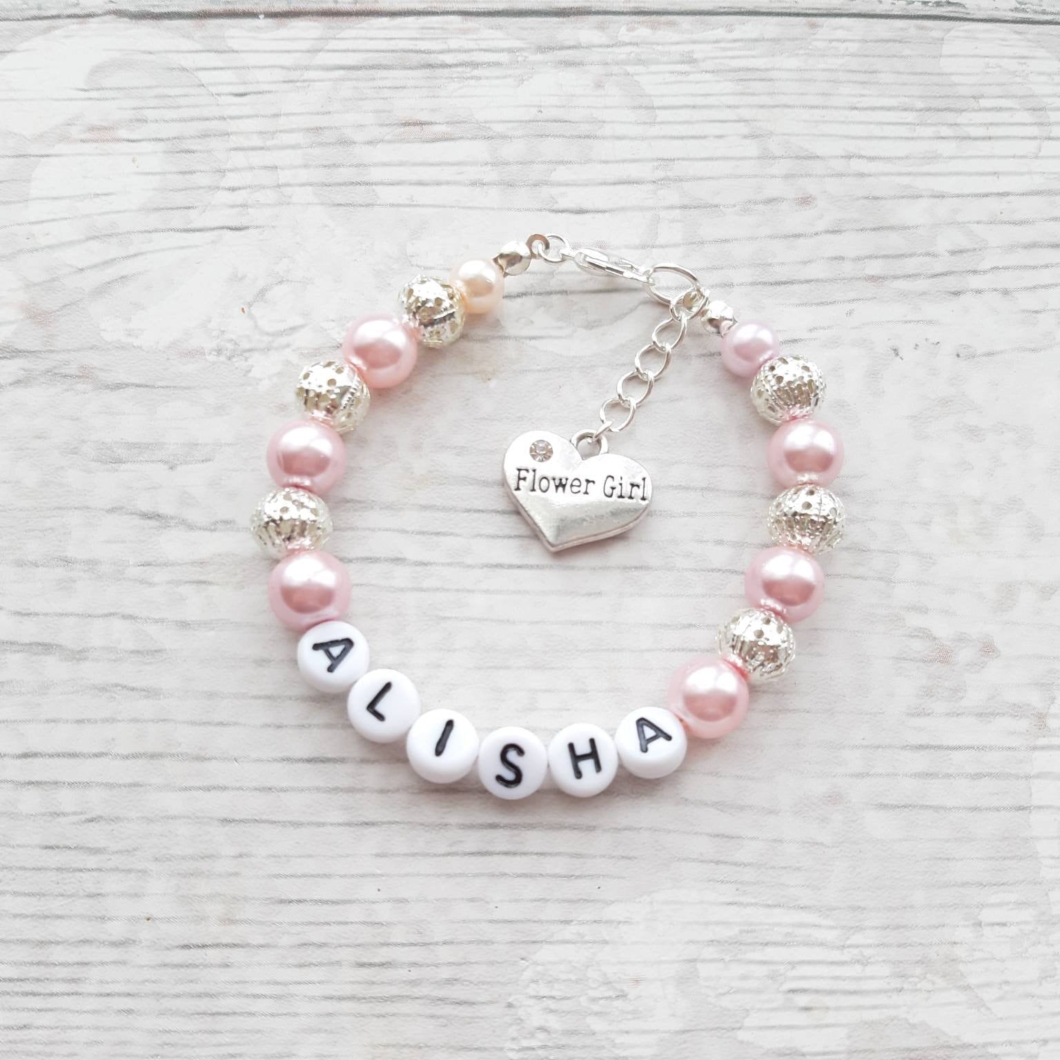 flower girl bracelet, bridesmaid bracelet, name wedding bracelet, personalised jewellery, maid of honour gift, thankyou present