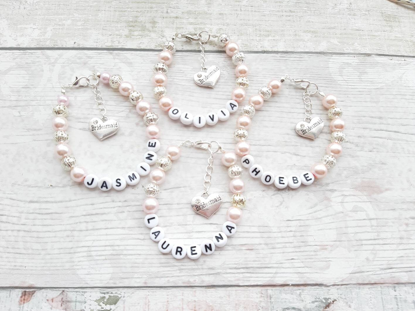 flower girl bracelet, bridesmaid bracelet, name wedding bracelet, personalised jewellery, maid of honour gift, thankyou present