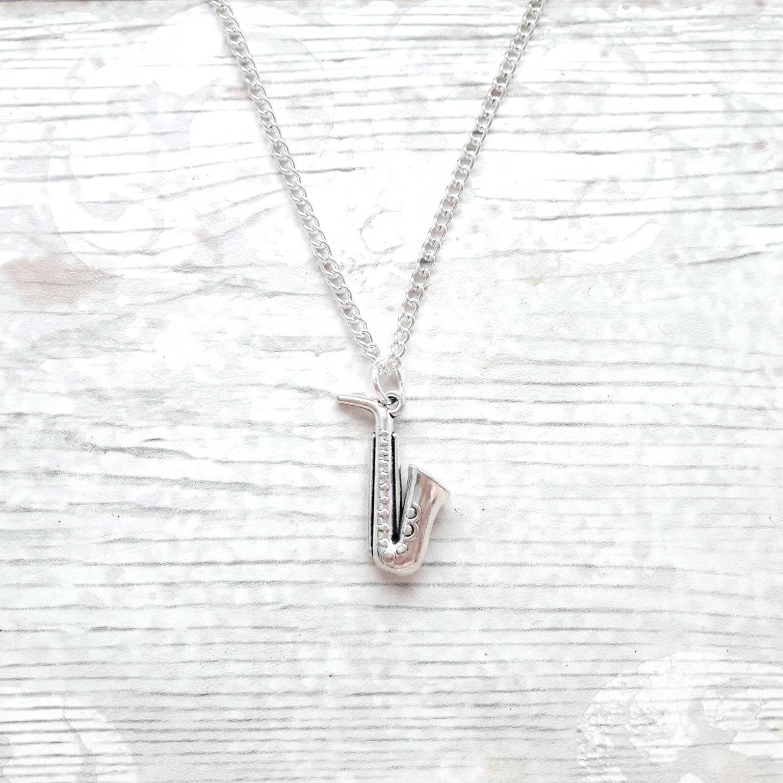 initial saxophone necklace, musical instrument necklace, marching band jewellery, jazz band jewelry, music teacher gift, present for kids
