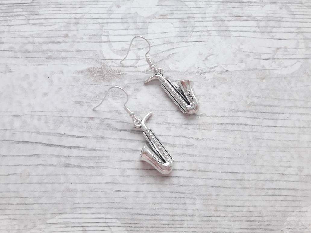 Saxophone earrings, musical instrument necklace, marching band jewellery, jazz band jewelry, music teacher gift, present for kids