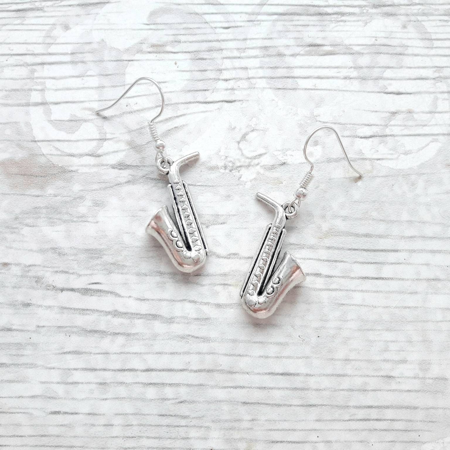 Saxophone earrings, musical instrument necklace, marching band jewellery, jazz band jewelry, music teacher gift, present for kids