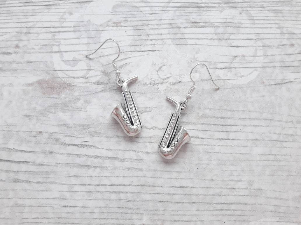 Saxophone earrings, musical instrument necklace, marching band jewellery, jazz band jewelry, music teacher gift, present for kids