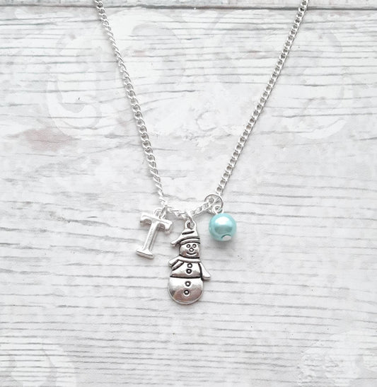 Snowman necklace, initial xmas jewellery, frosty jewelry, gifts for girls, personalised jewellery, winter necklace