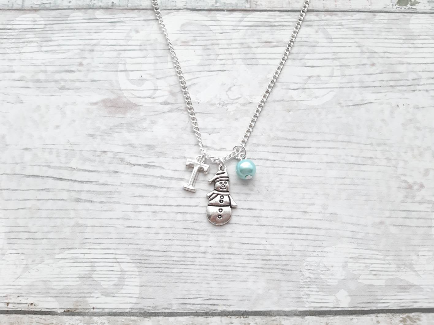 Snowman necklace, initial xmas jewellery, frosty jewelry, gifts for girls, personalised jewellery, winter necklace