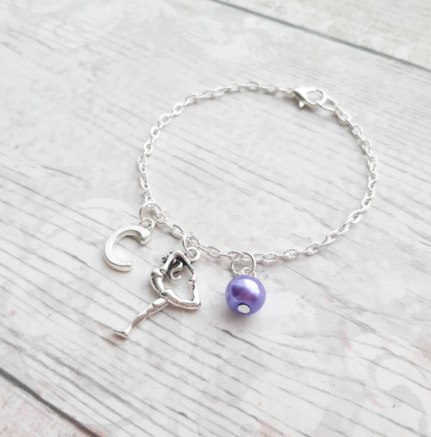 Gymnast bracelet, gymnastics jewellery, dance jewelry, personalised present, initial bracelet, dancer present, gifts for girls