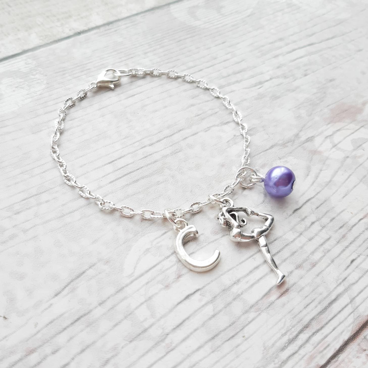 Gymnast bracelet, gymnastics jewellery, dance jewelry, personalised present, initial bracelet, dancer present, gifts for girls