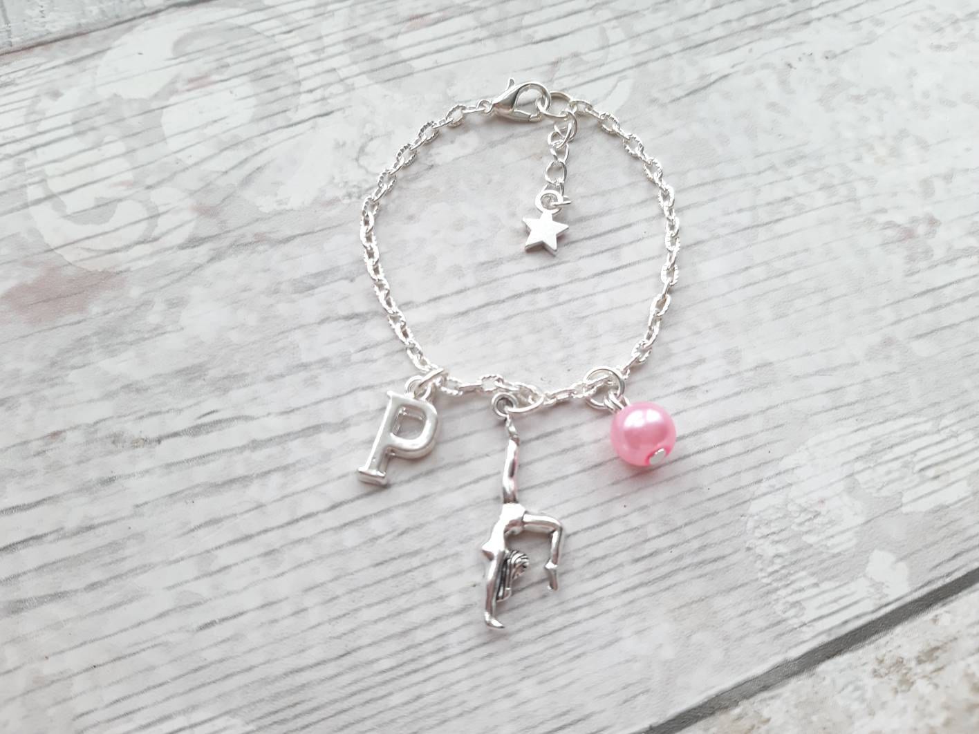 gymnast bracelet, initial bracelet, dance jewelry, personalised present, gymnastics jewellery, dancer present, personalised gifts for girls