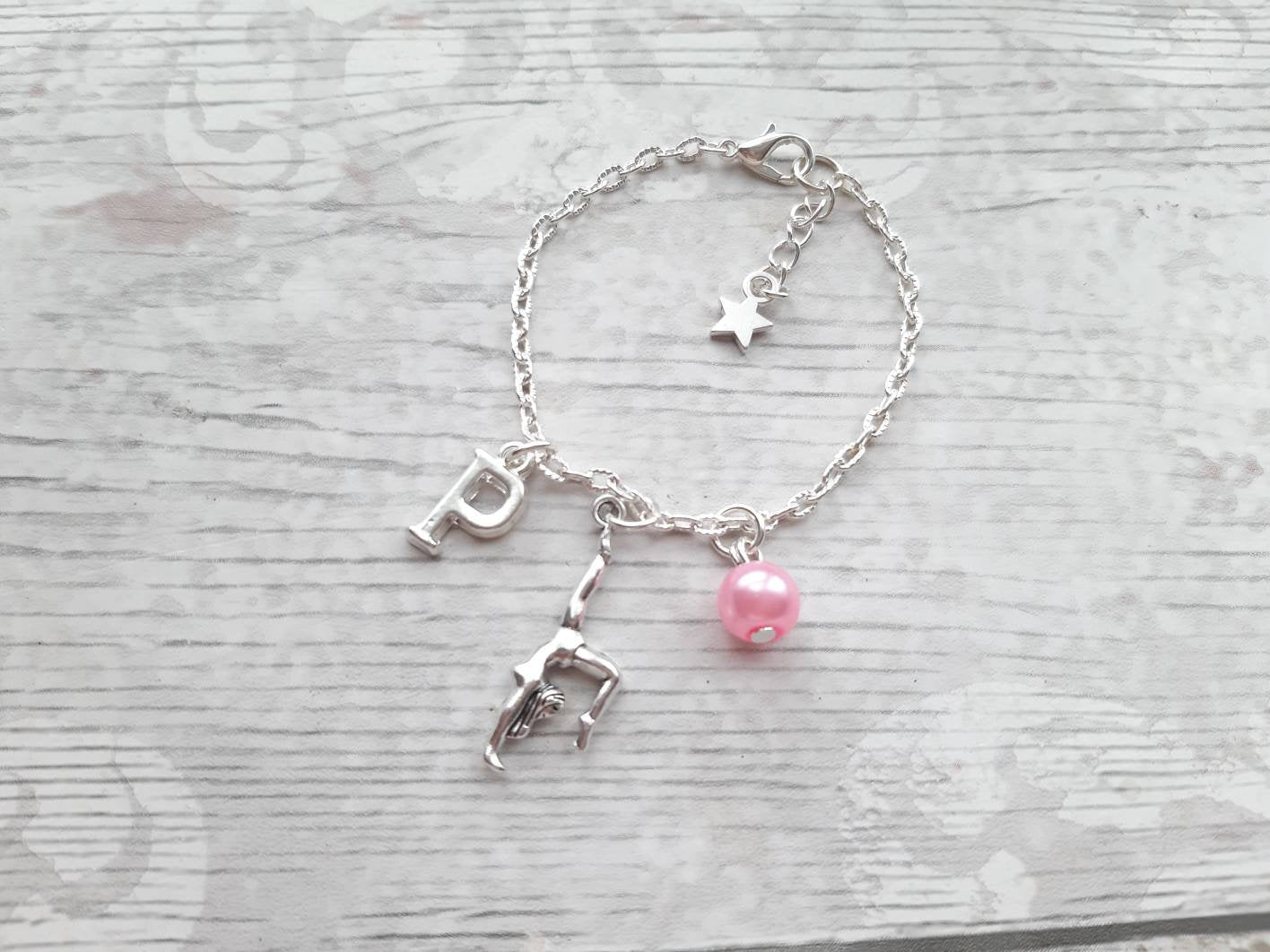 gymnast bracelet, initial bracelet, dance jewelry, personalised present, gymnastics jewellery, dancer present, personalised gifts for girls