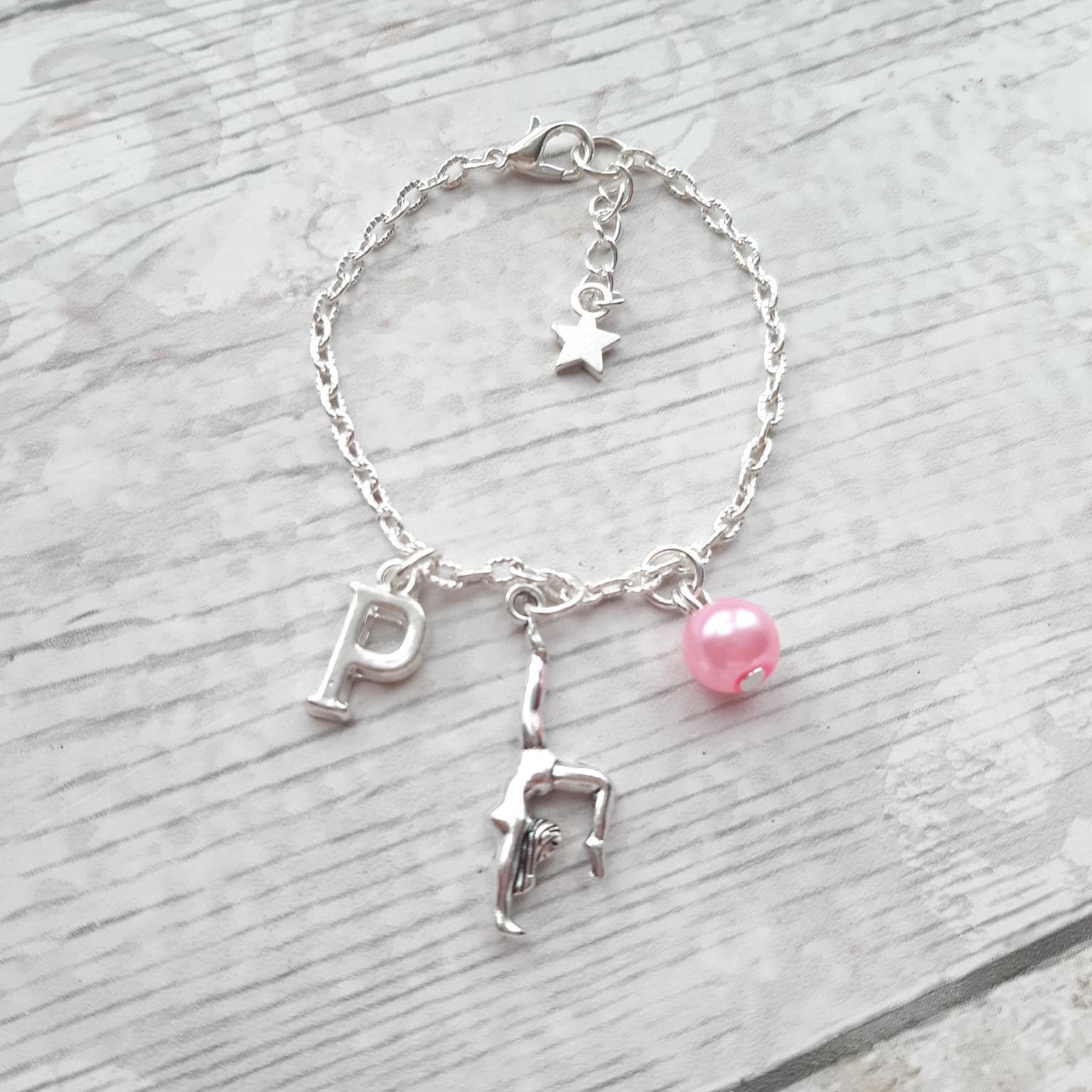 gymnast bracelet, initial bracelet, dance jewelry, personalised present, gymnastics jewellery, dancer present, personalised gifts for girls