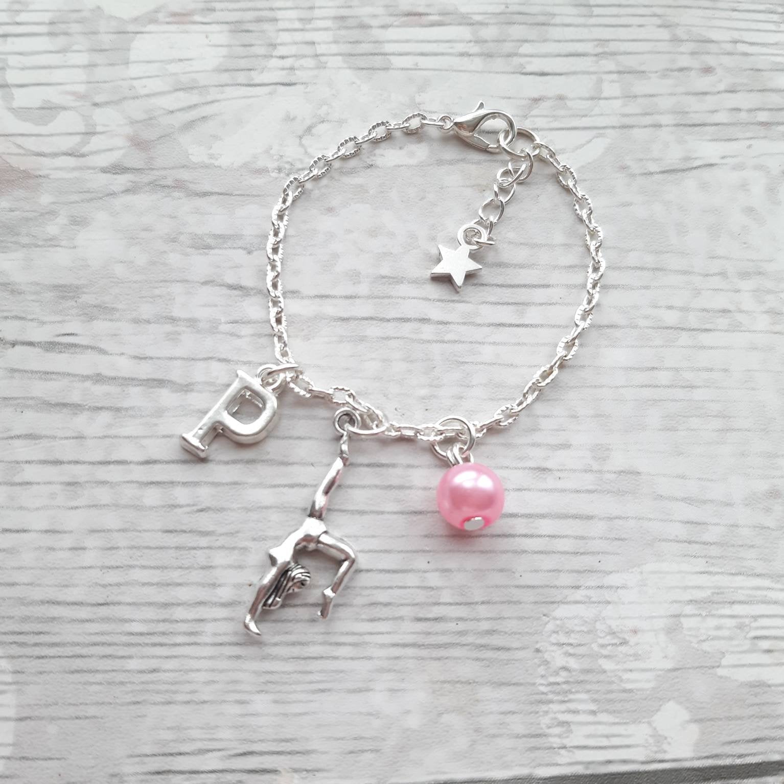 gymnast bracelet, initial bracelet, dance jewelry, personalised present, gymnastics jewellery, dancer present, personalised gifts for girls