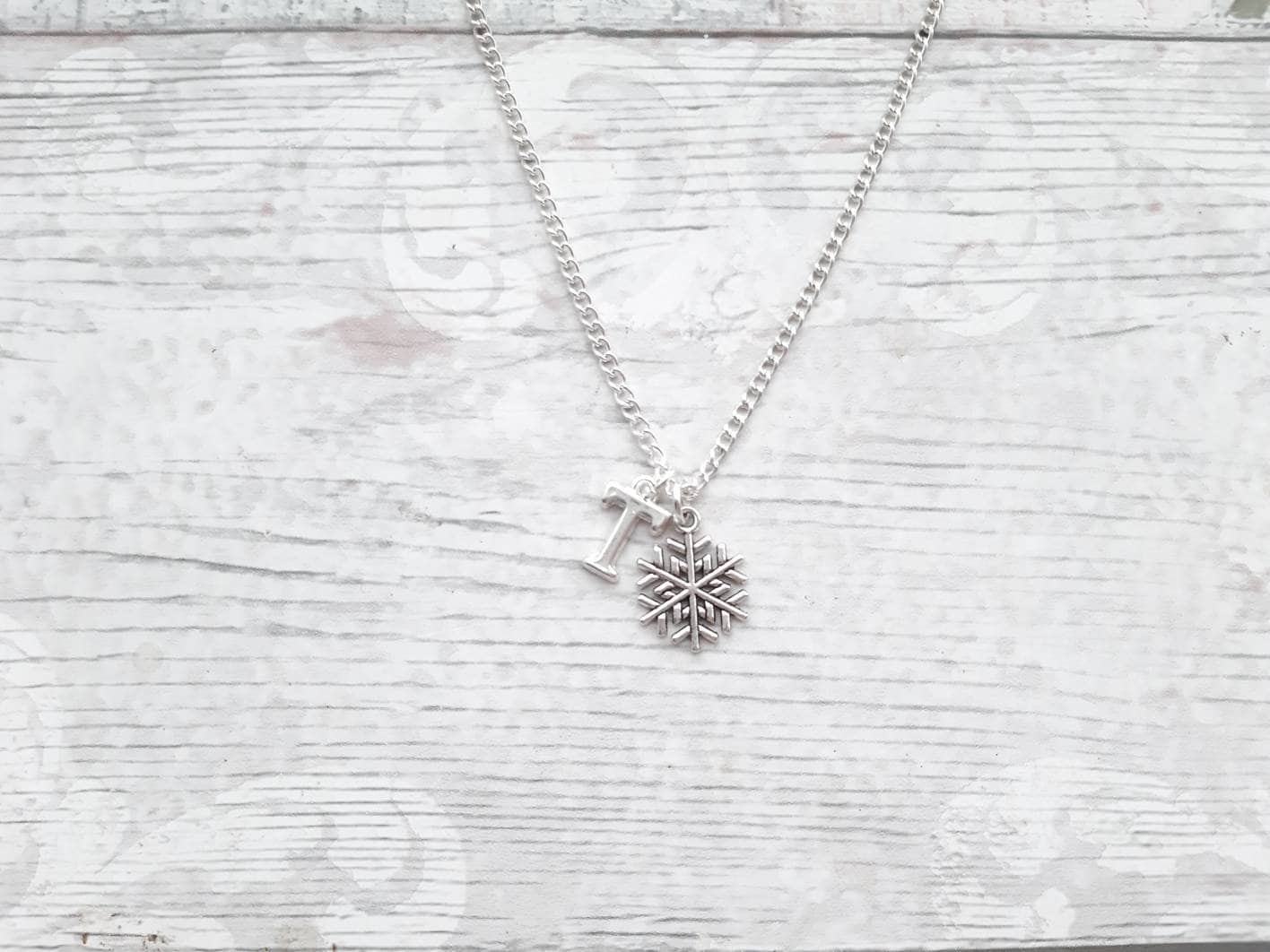snowflake necklace, festive Christmas necklace, winter icicle jewellery, snow jewelry, initial necklace