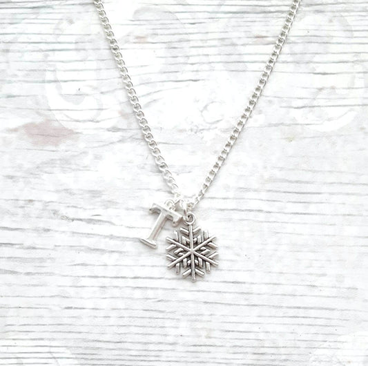 snowflake necklace, festive Christmas necklace, winter icicle jewellery, snow jewelry, initial necklace