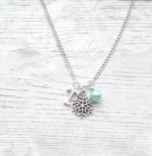 Personalised snowflake necklace, initial necklace, icey winter jewellery, holiday present, festive stocking stuffer, snow jewelry