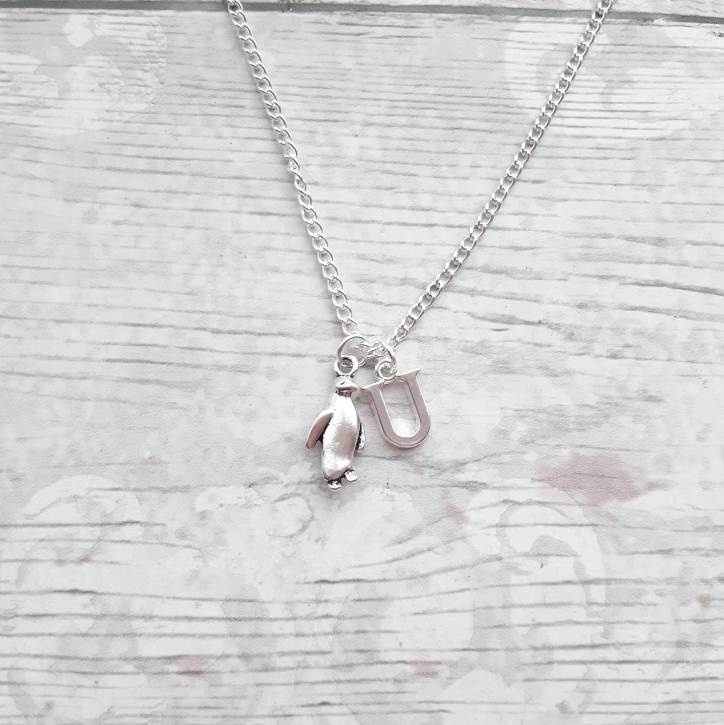 penguin necklace, initial necklace, animal jewellery, penguin lover gift, gifts for girls, present for her, letter jewelry