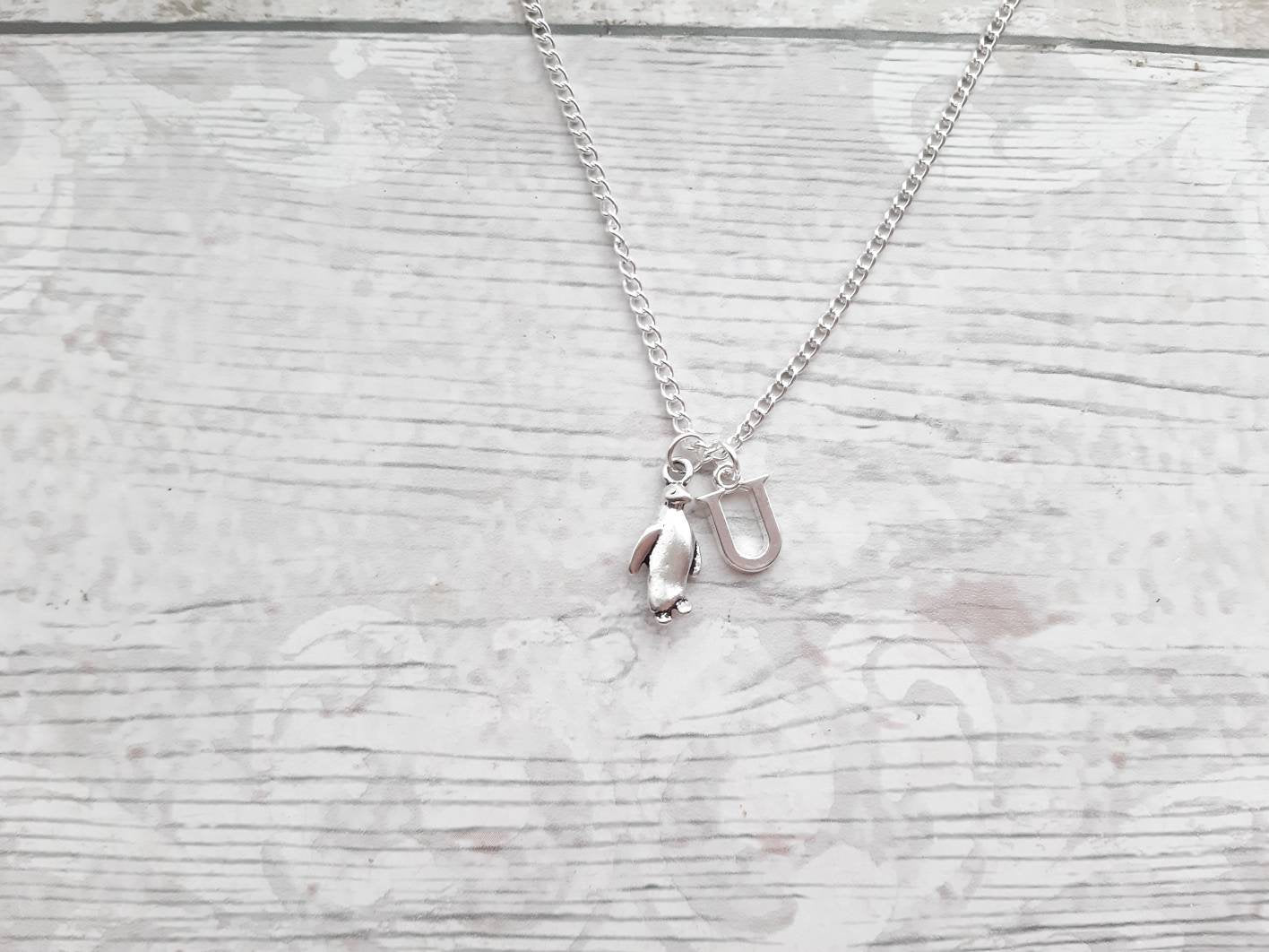 penguin necklace, initial necklace, animal jewellery, penguin lover gift, gifts for girls, present for her, letter jewelry