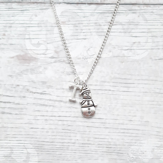 snowman initial necklace, Christmas jewellery, holiday festive necklace, stocking stuffer