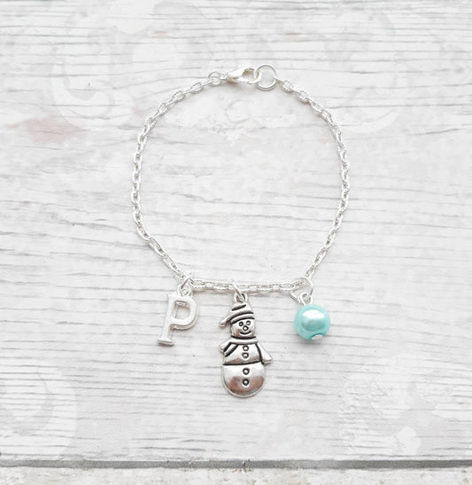 Snowman charm bracelet, personalised initial jewellery, Christmas snow jewellery, festive winter jewelry, stocking filler for girls