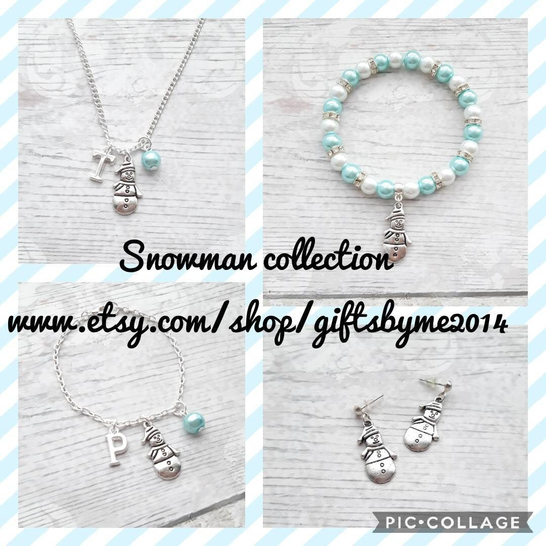 Snowman charm bracelet, personalised initial jewellery, Christmas snow jewellery, festive winter jewelry, stocking filler for girls
