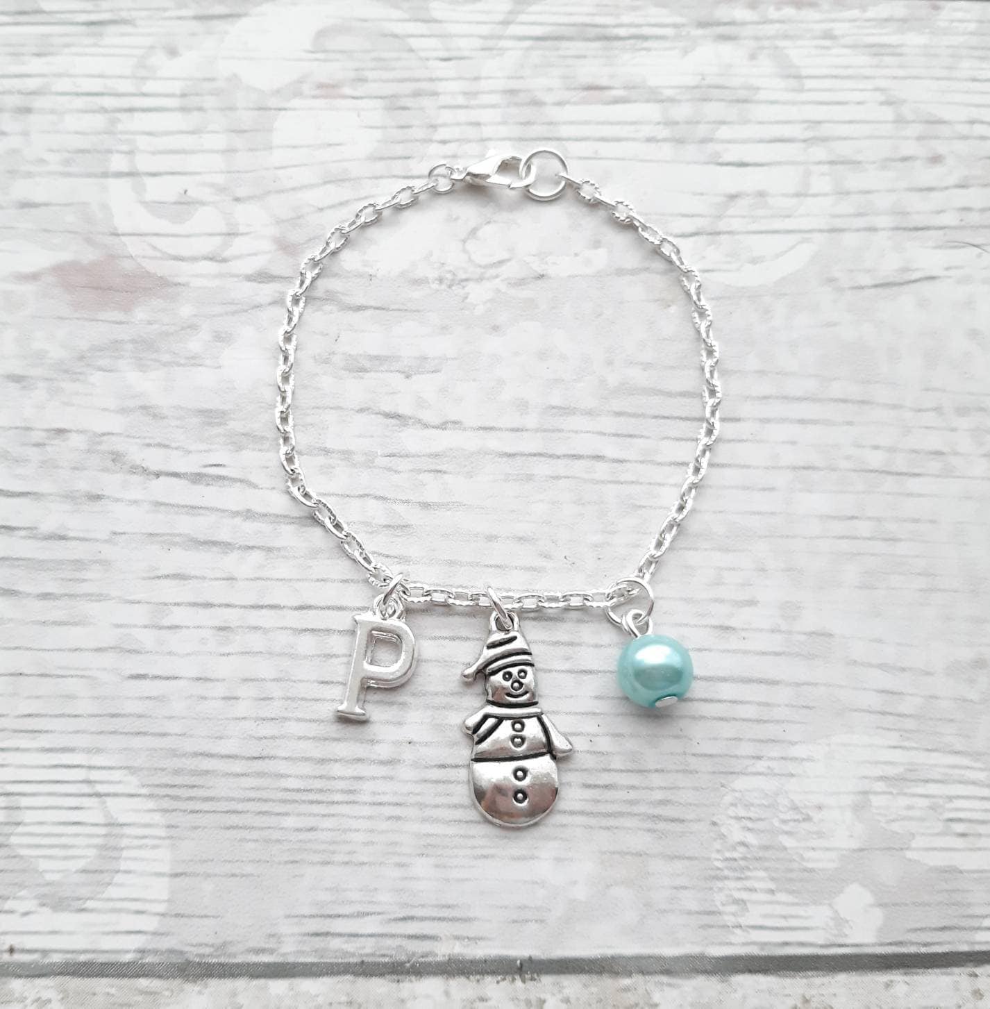 Snowman charm bracelet, personalised initial jewellery, Christmas snow jewellery, festive winter jewelry, stocking filler for girls