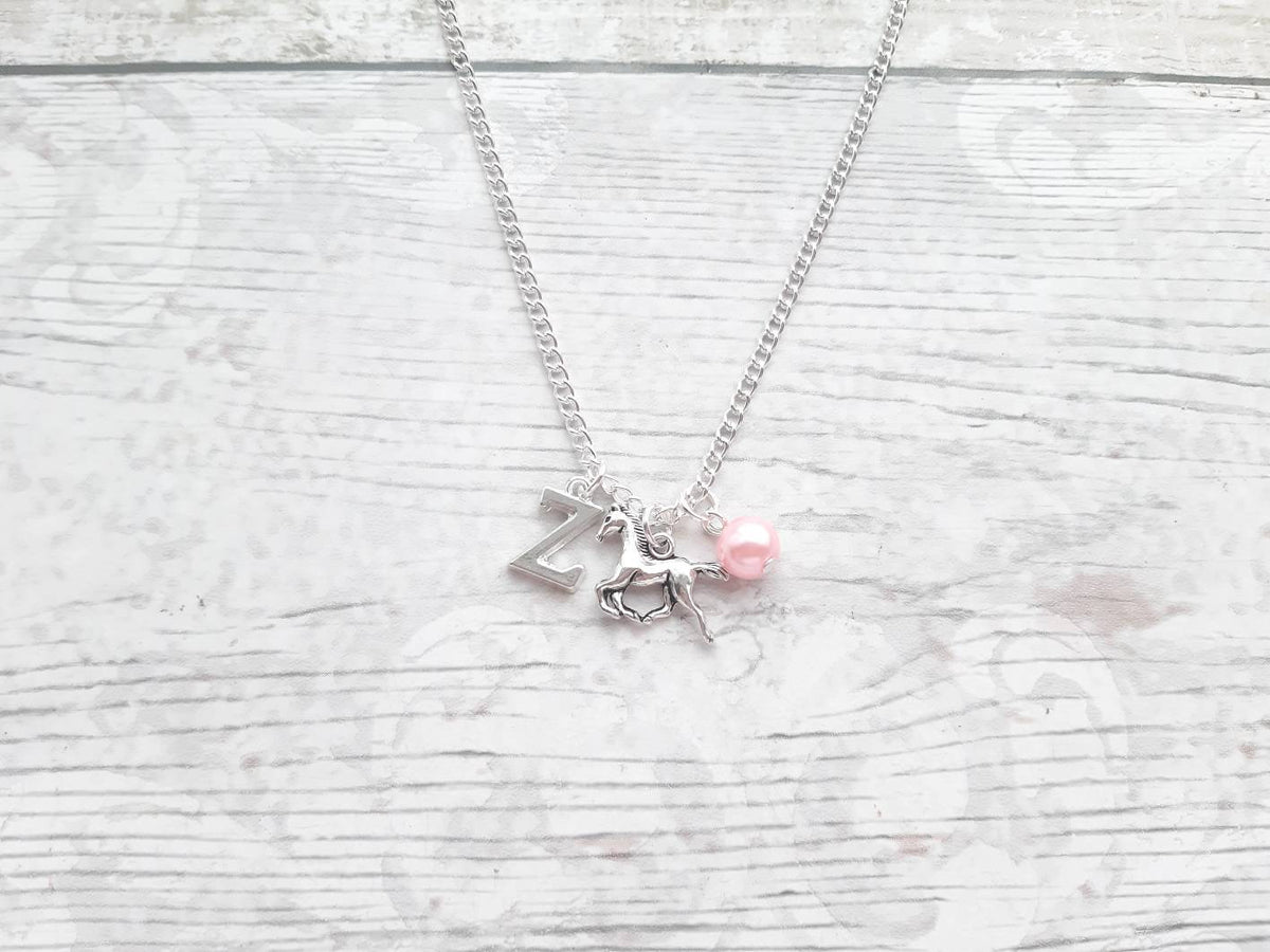 galloping horse necklace, personalised equestrian jewelry, initial jewellery, alphabet letter necklace, birthstone necklace