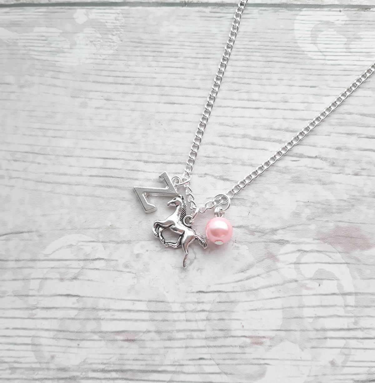 galloping horse necklace, personalised equestrian jewelry, initial jewellery, alphabet letter necklace, birthstone necklace