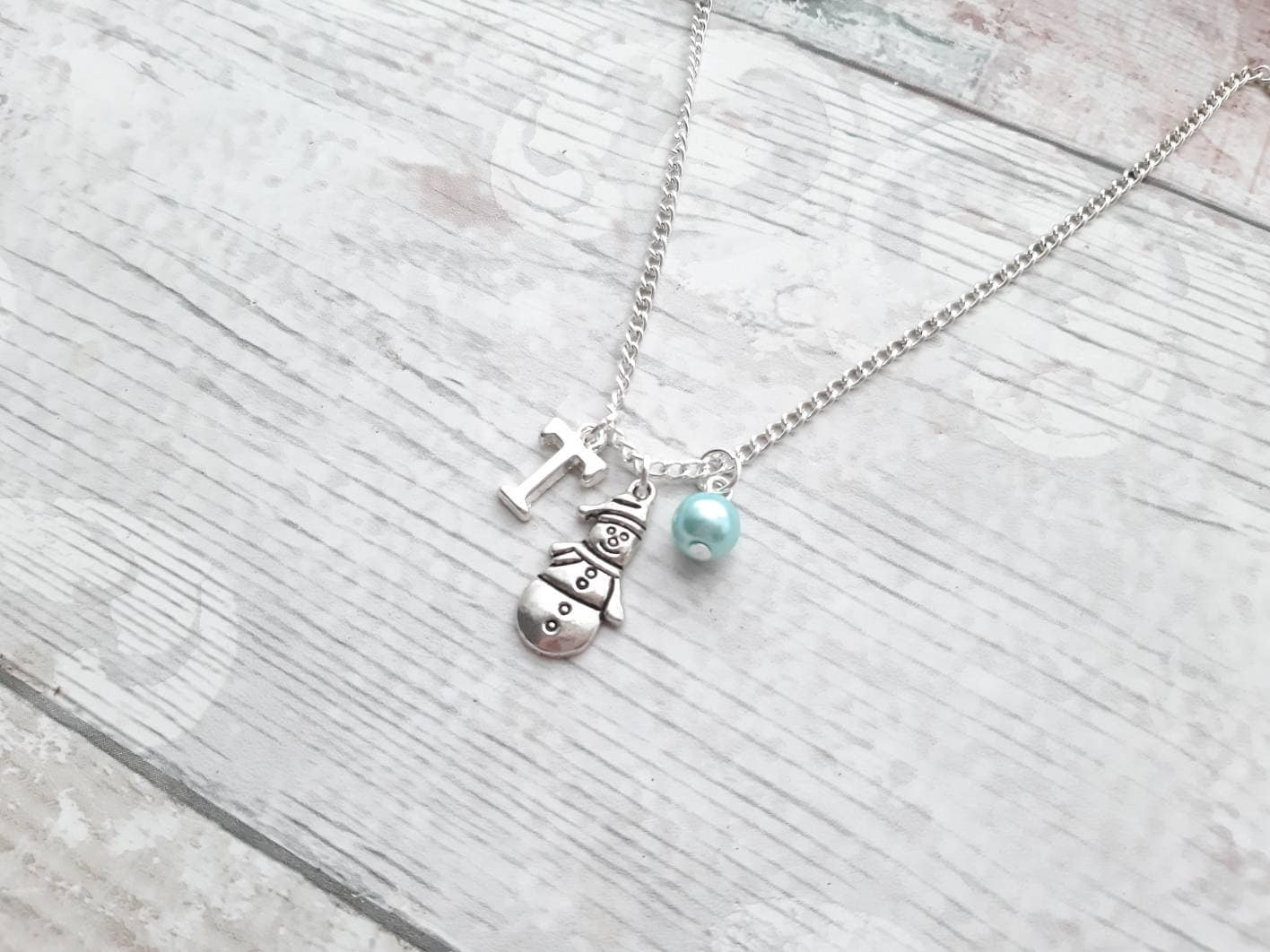 Snowman necklace, initial xmas jewellery, frosty jewelry, gifts for girls, personalised jewellery, winter necklace
