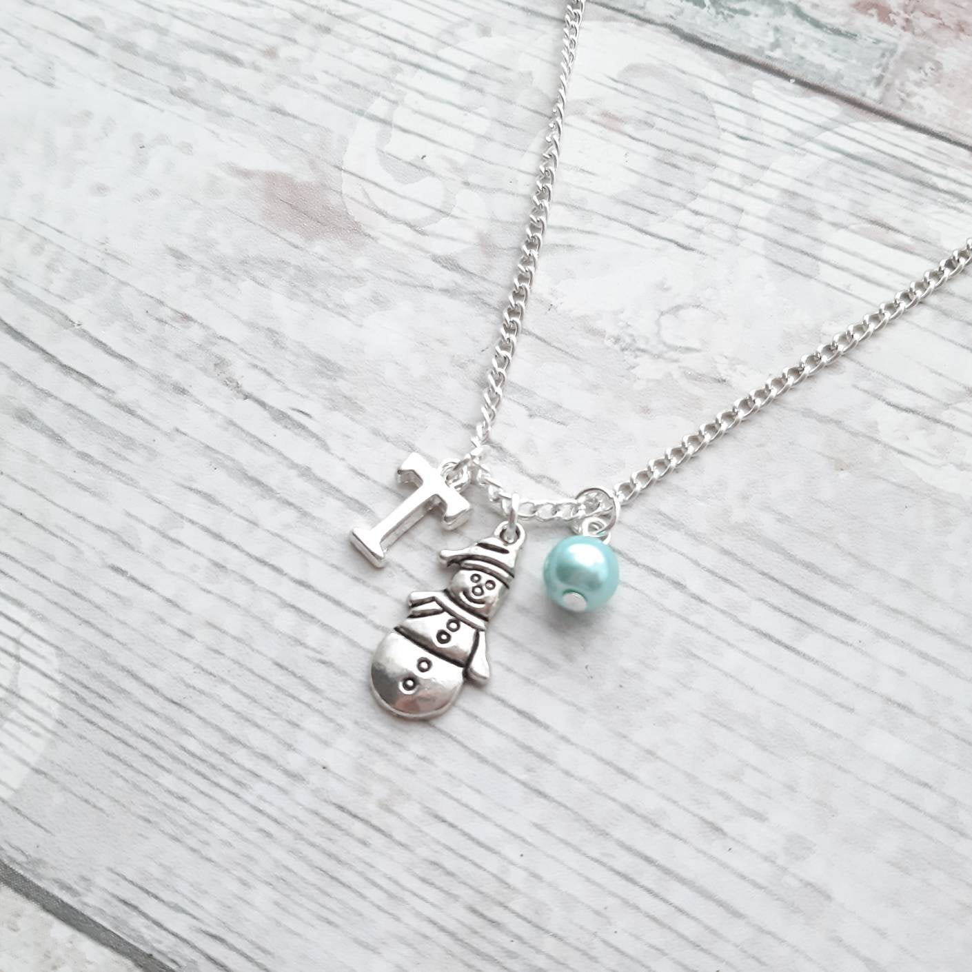 Snowman necklace, initial xmas jewellery, frosty jewelry, gifts for girls, personalised jewellery, winter necklace