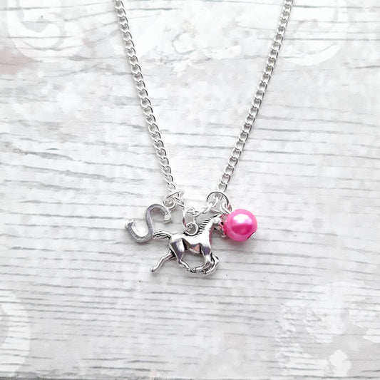galloping horse necklace, personalised equestrian jewelry, initial jewellery, alphabet letter necklace, birthstone necklace