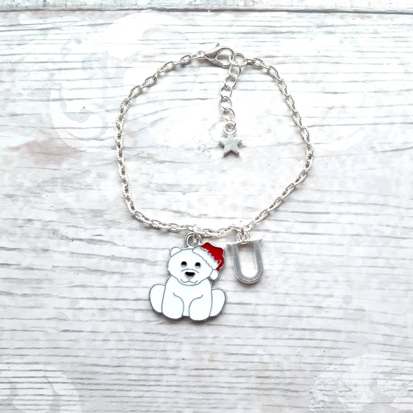 polar bear bracelet, festive personalised jewellery, initial jewelry, animal bracelet, cute christmas gift, bear lover present