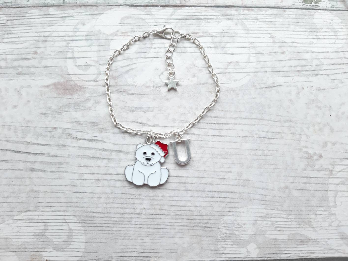 polar bear bracelet, festive personalised jewellery, initial jewelry, animal bracelet, cute christmas gift, bear lover present