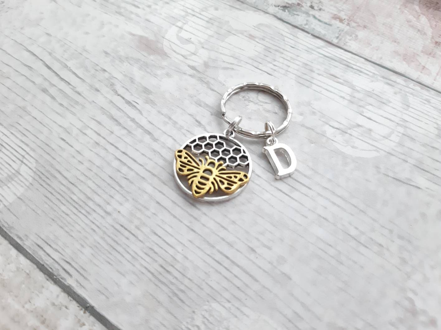 bee initial keyring, wasp keychain, personalised bag charm, insect lover gift, bug present