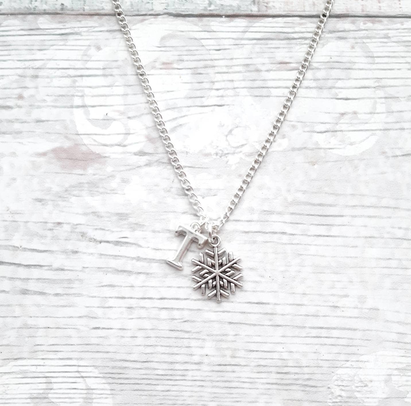 snowflake necklace, festive Christmas necklace, winter icicle jewellery, snow jewelry, initial necklace