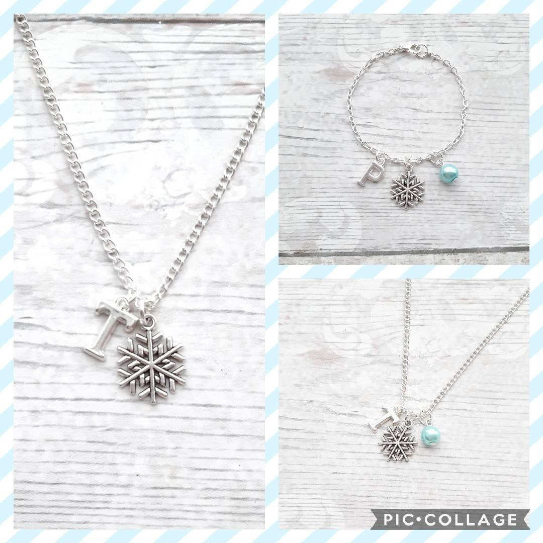 snowflake necklace, festive Christmas necklace, winter icicle jewellery, snow jewelry, initial necklace